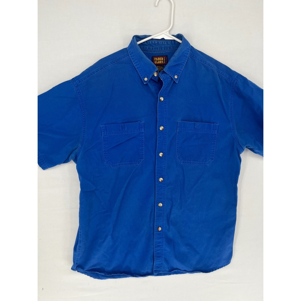 Faded Glory Mens Large Blue Short Sleeve Button Down 100% Cotton Twill Shirt L